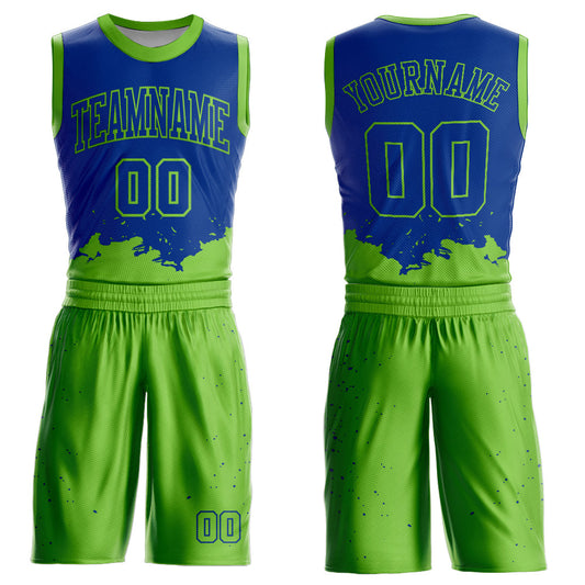Custom Royal Neon Green Color Splash Round Neck Sublimation Basketball Uniform Jersey - Main View