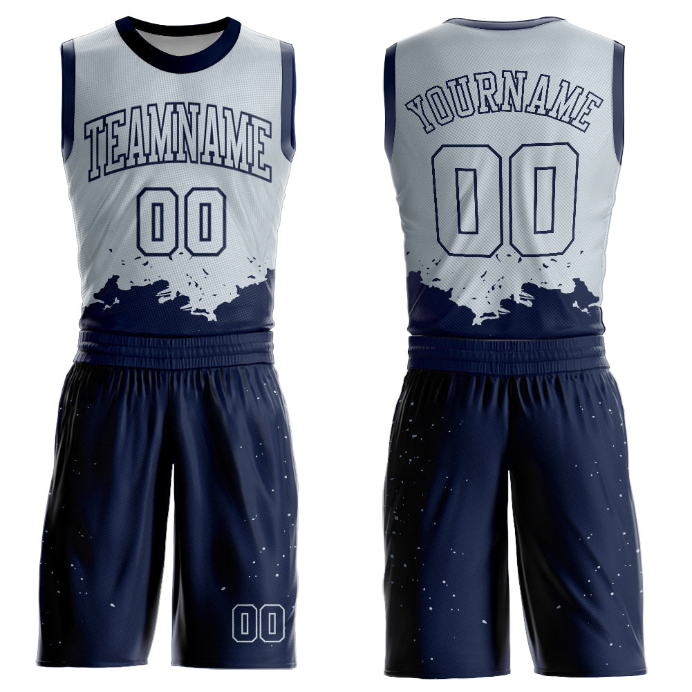 Custom Silver Navy Color Splash Round Neck Sublimation Basketball Uniform Jersey - Main View