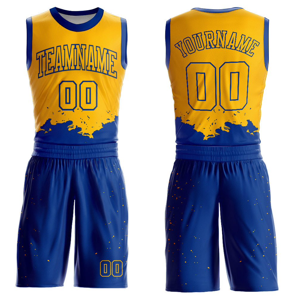 Custom Gold Royal Color Splash Round Neck Sublimation Basketball Uniform Jersey - Main View