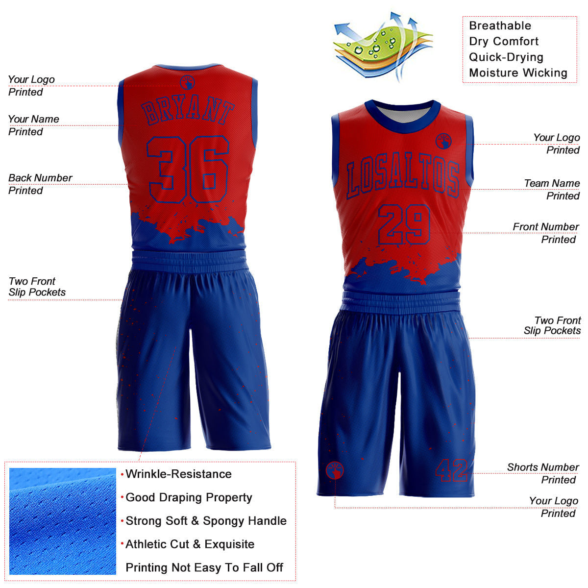 Custom Red Royal Color Splash Round Neck Sublimation Basketball Uniform Jersey view 2