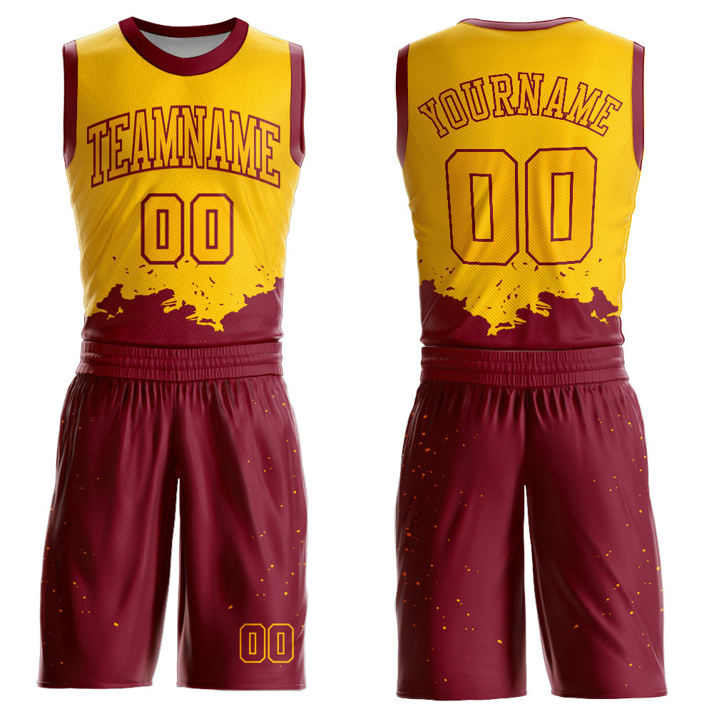 Custom Yellow Maroon Color Splash Round Neck Sublimation Basketball Uniform Jersey - Main View