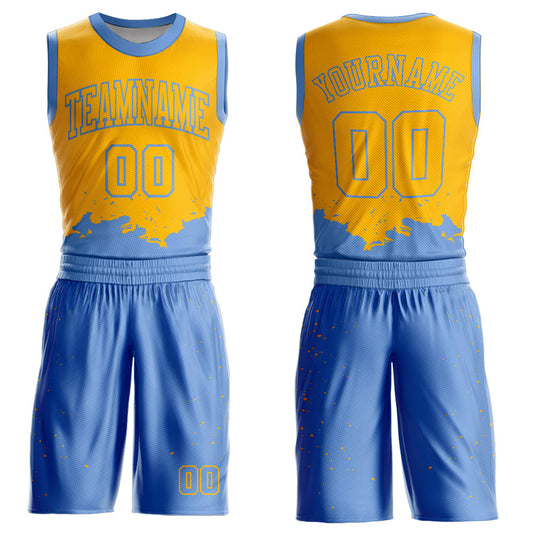 Custom Yellow Light Blue Color Splash Round Neck Sublimation Basketball Uniform Jersey - Main View