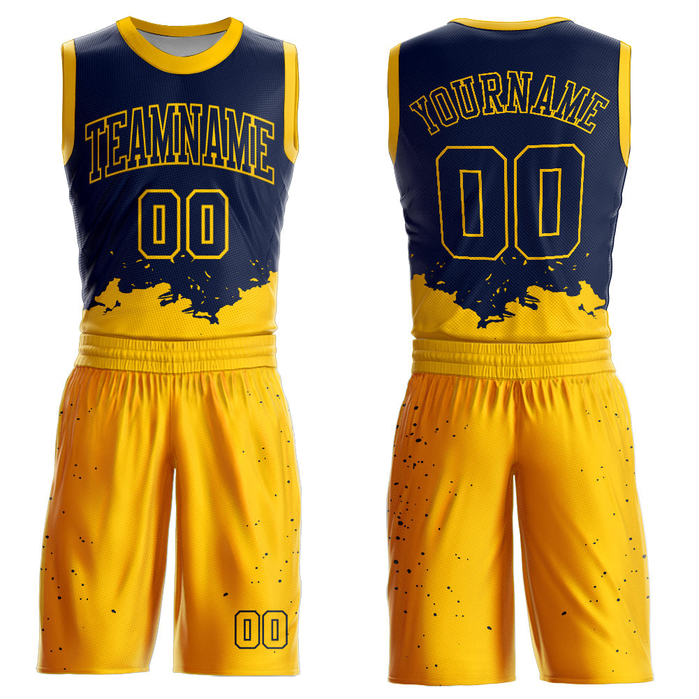 Custom Navy Yellow Color Splash Round Neck Sublimation Basketball Uniform Jersey - Main View