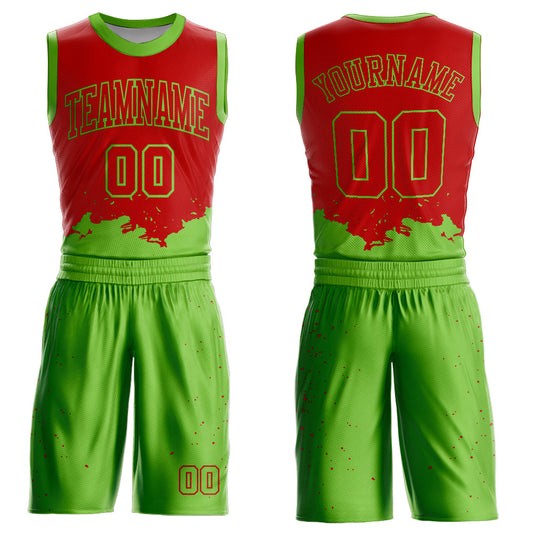 Custom Red Neon Green Color Splash Round Neck Sublimation Basketball Uniform Jersey - Main View