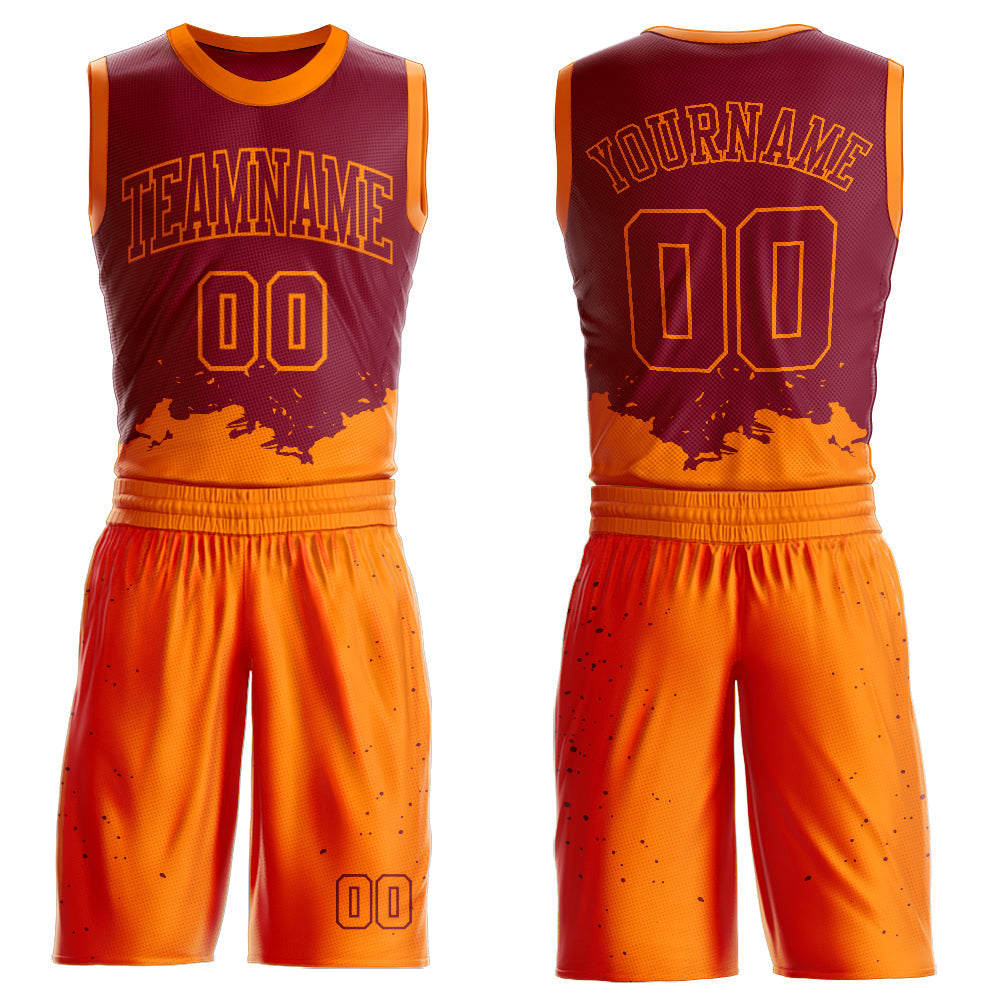 Custom Maroon Bay Orange Color Splash Round Neck Sublimation Basketball Uniform Jersey - Main View