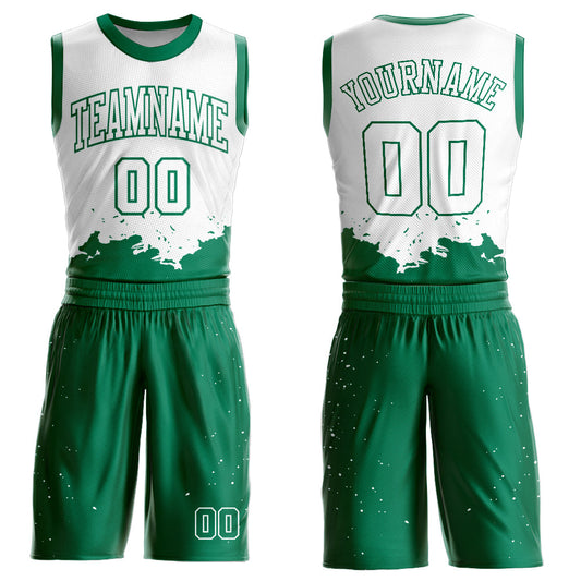 Custom White Kelly Green Color Splash Round Neck Sublimation Basketball Uniform Jersey - Main View