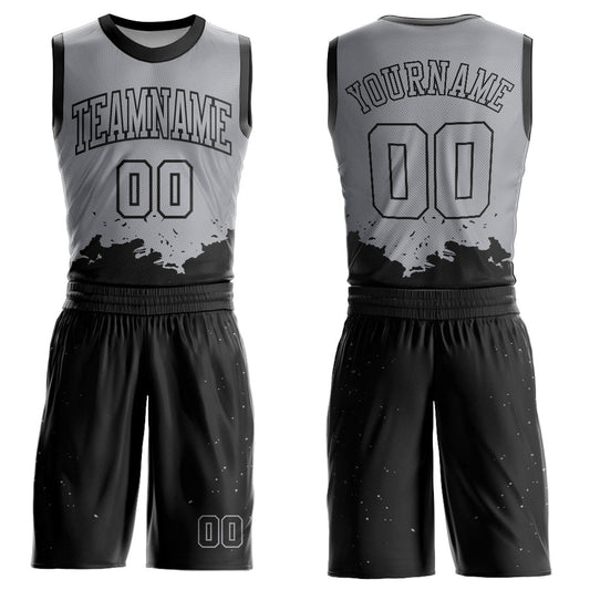 Custom Gray Black Color Splash Round Neck Sublimation Basketball Uniform Jersey - Main View