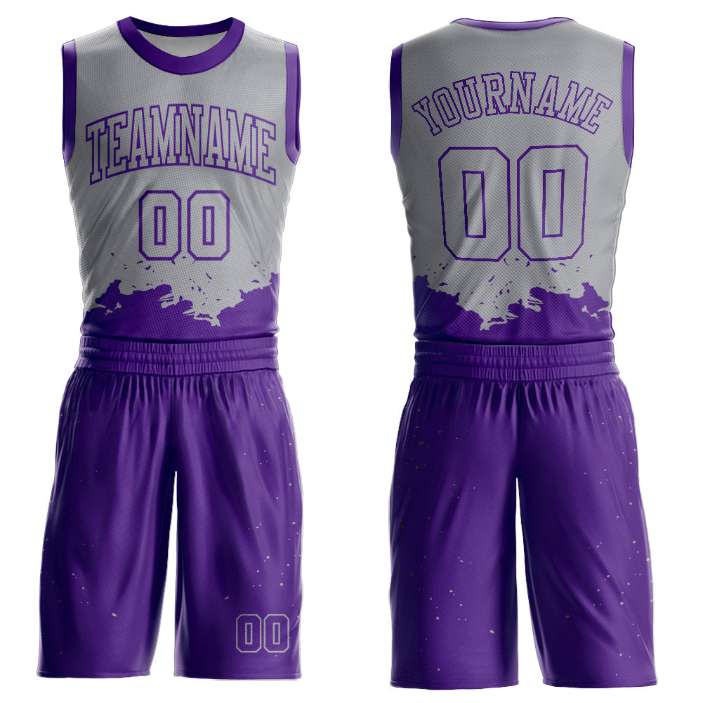 Custom Gray Purple Color Splash Round Neck Sublimation Basketball Uniform Jersey - Main View