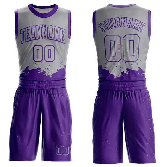 Custom Gray Purple Color Splash Round Neck Sublimation Basketball Uniform Jersey - Main View