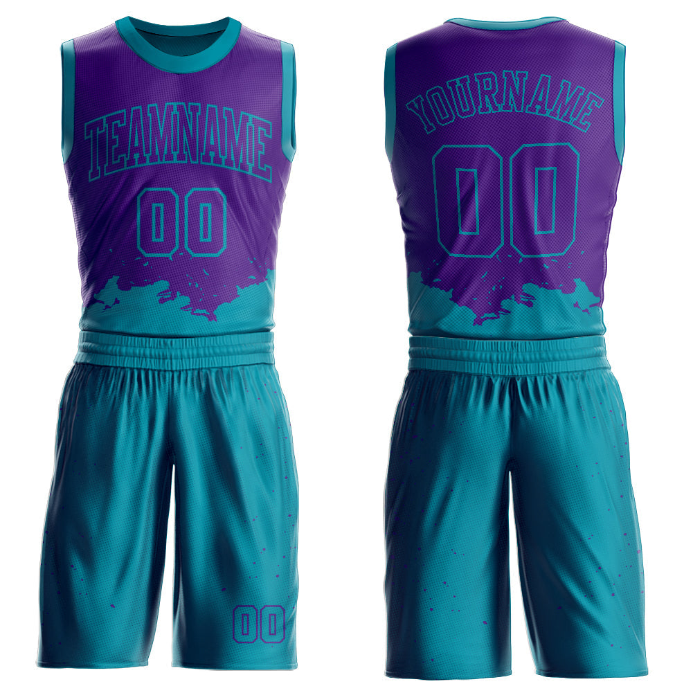 Custom Purple Teal Color Splash Round Neck Sublimation Basketball Uniform Jersey - Main View