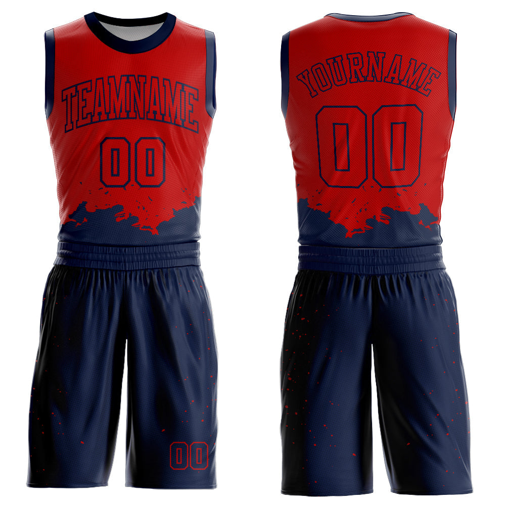Custom Red Navy Color Splash Round Neck Sublimation Basketball Uniform Jersey - Main View