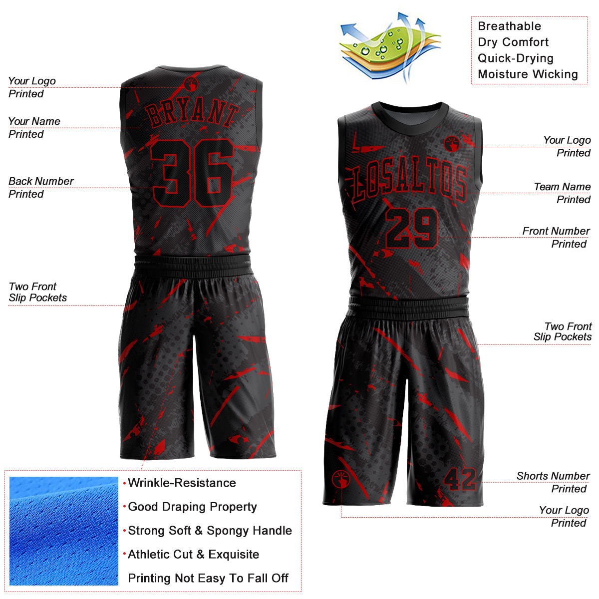 Custom Black Red Bright Lines Round Neck Sublimation Basketball Uniform Jersey view 2