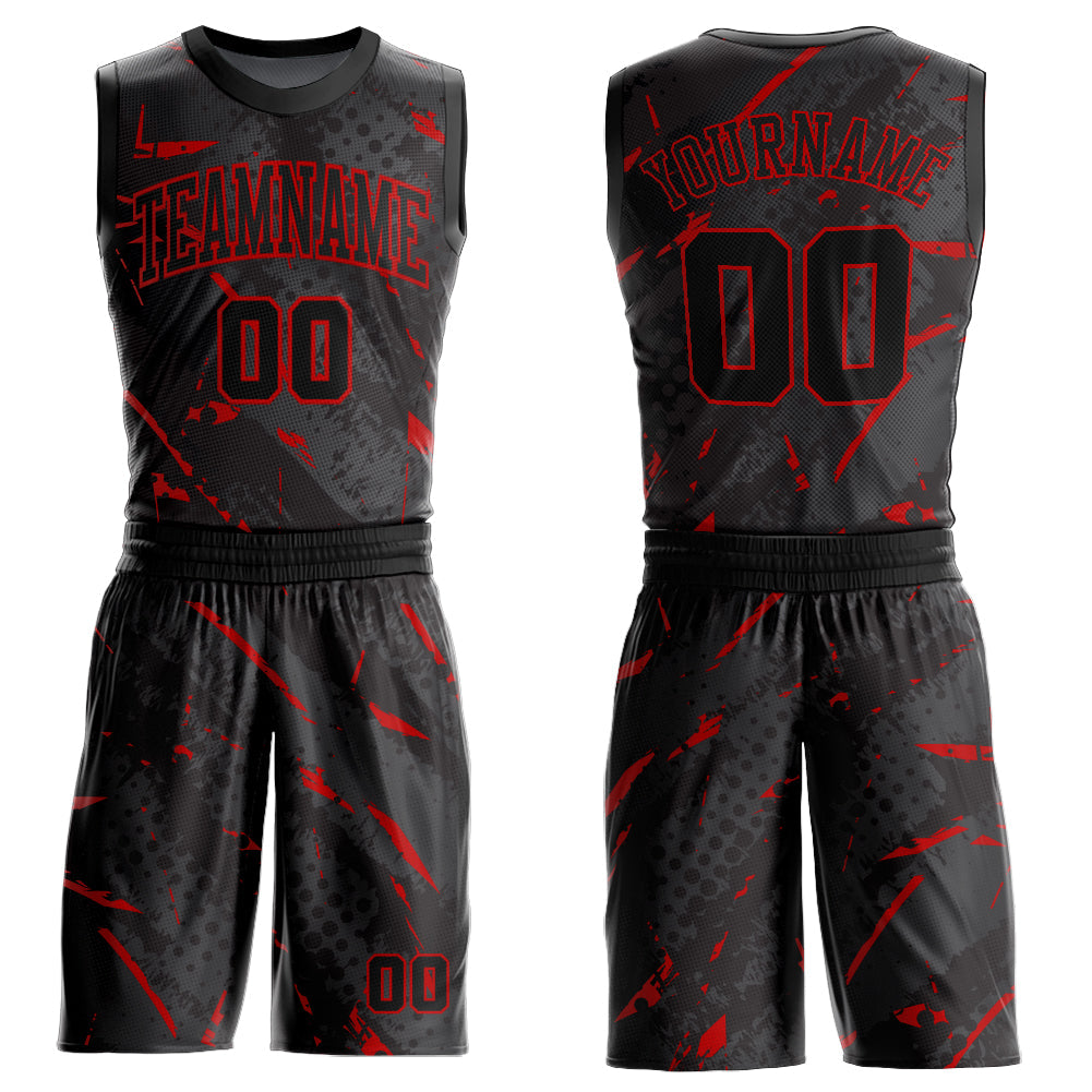 Custom Black Red Bright Lines Round Neck Sublimation Basketball Uniform Jersey - Main View