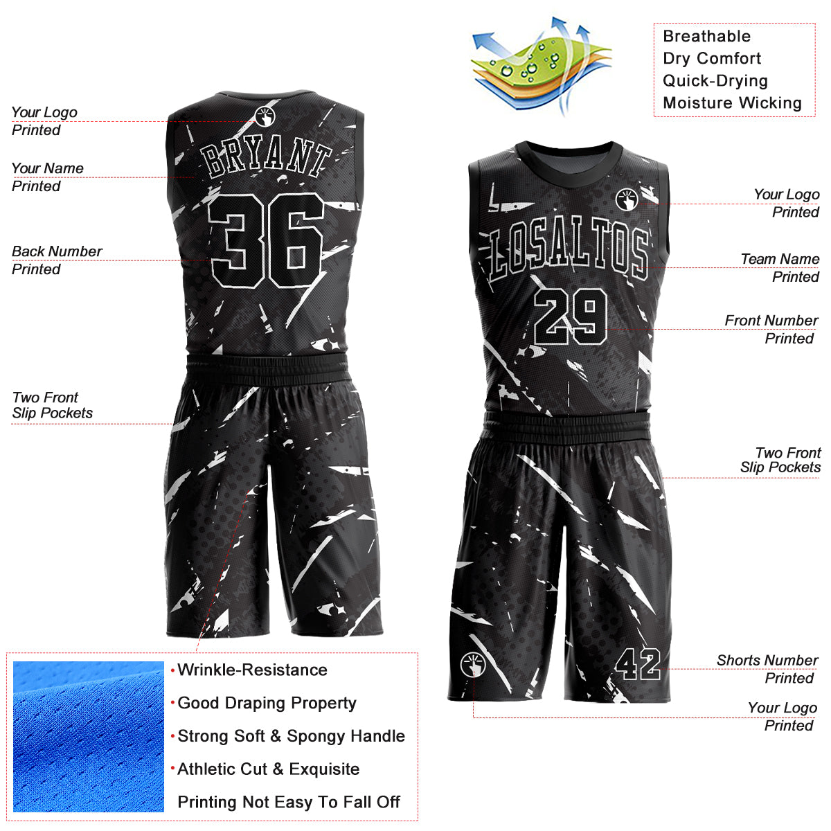 Custom Black White Bright Lines Round Neck Sublimation Basketball Uniform Jersey view 2