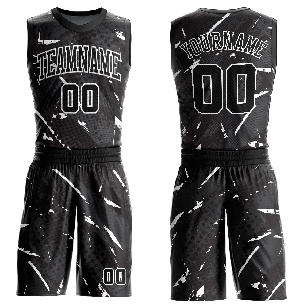 Custom Black White Bright Lines Round Neck Sublimation Basketball Uniform Jersey - Main View