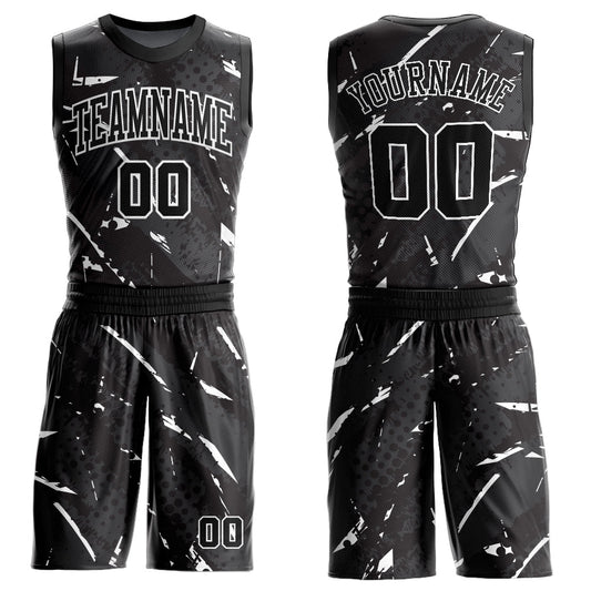 Custom Black White Bright Lines Round Neck Sublimation Basketball Uniform Jersey - Main View