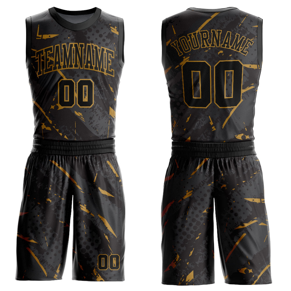 Custom Black Old Gold Bright Lines Round Neck Sublimation Basketball Uniform Jersey - Main View