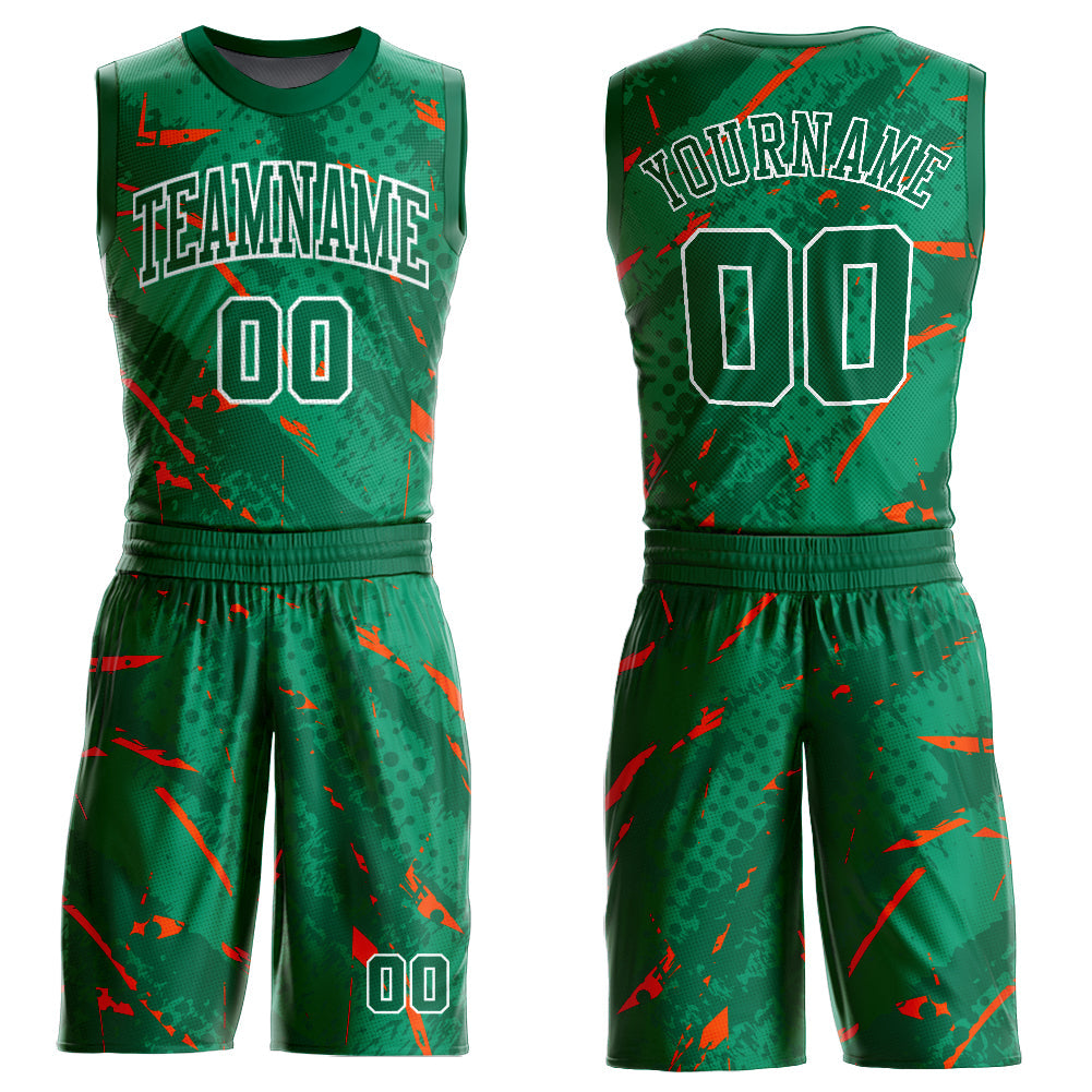 Custom Green Orange-White Bright Lines Round Neck Sublimation Basketball Uniform Jersey - Main View