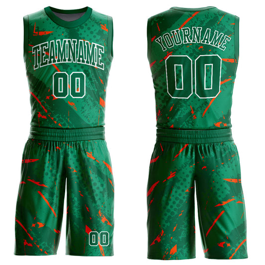 Custom Green Orange-White Bright Lines Round Neck Sublimation Basketball Uniform Jersey - Main View