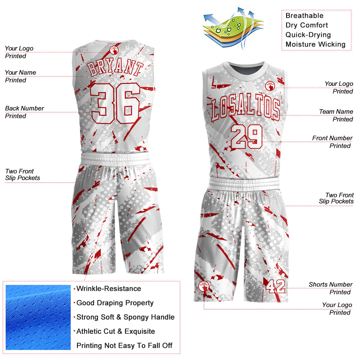 Custom White Red Bright Lines Round Neck Sublimation Basketball Uniform Jersey view 2