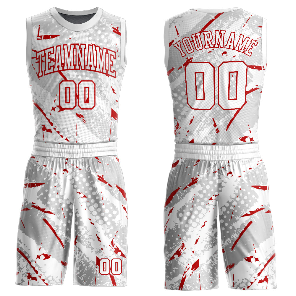 Custom White Red Bright Lines Round Neck Sublimation Basketball Uniform Jersey - Main View
