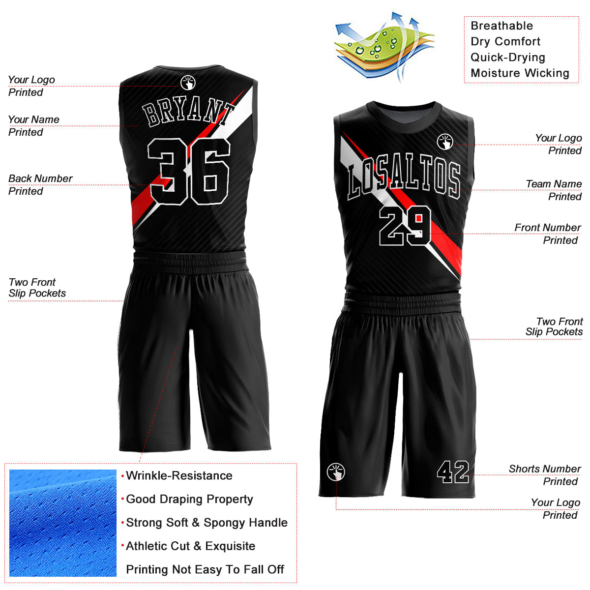 Custom Black White-Red Diagonal Lines Round Neck Sublimation Basketball Uniform Jersey view 2