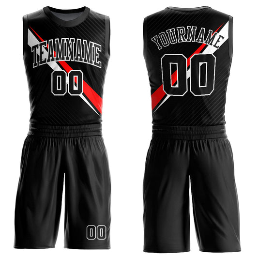 Custom Black White-Red Diagonal Lines Round Neck Sublimation Basketball Uniform Jersey - Main View