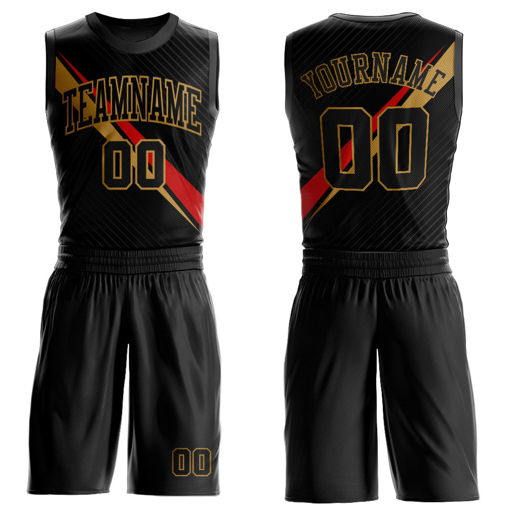Custom Black Old Gold-Red Diagonal Lines Round Neck Sublimation Basketball Uniform Jersey - Main View