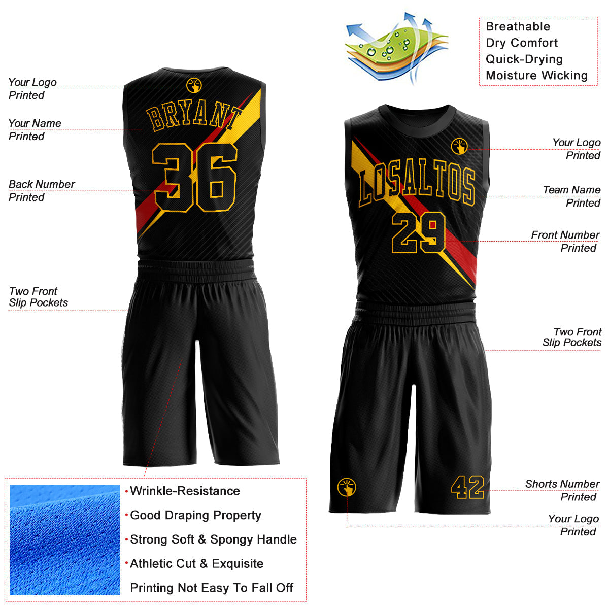 Custom Black Yellow-Red Diagonal Lines Round Neck Sublimation Basketball Uniform Jersey view 2