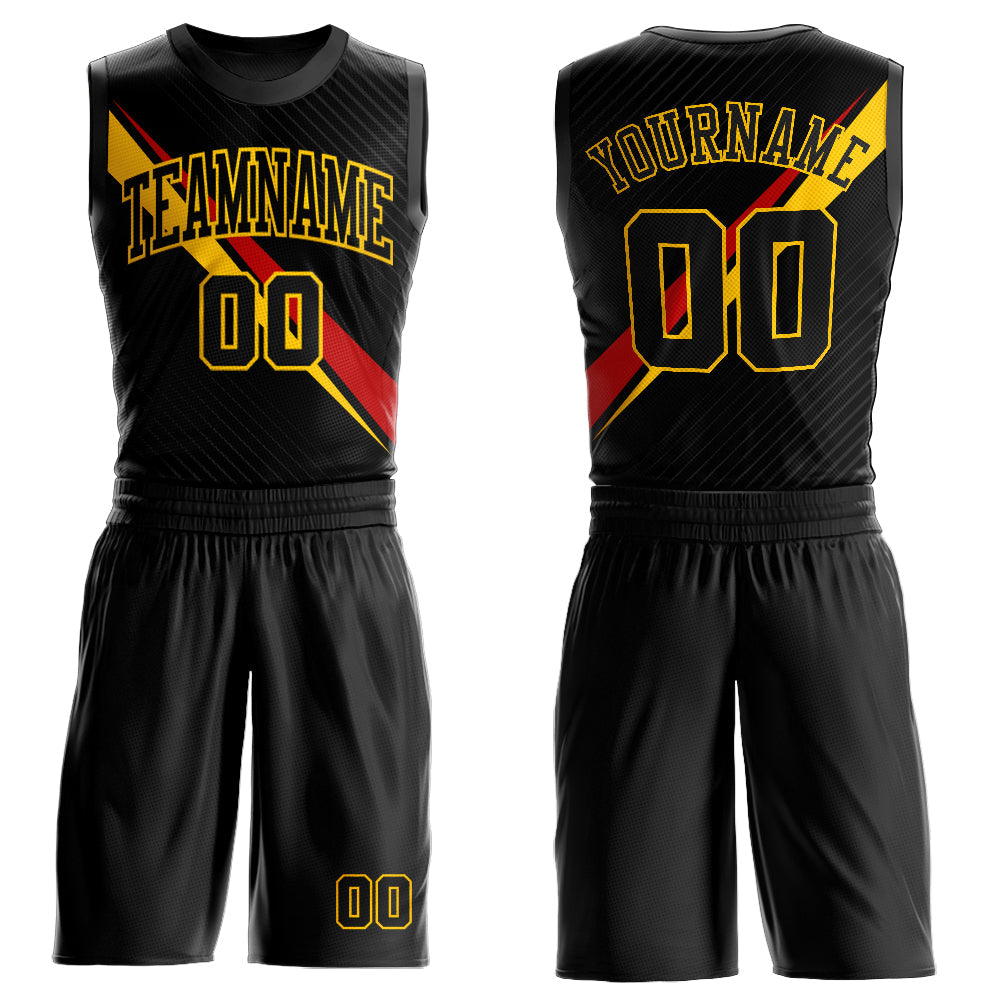 Custom Black Yellow-Red Diagonal Lines Round Neck Sublimation Basketball Uniform Jersey - Main View
