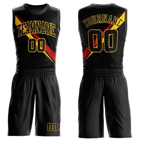 Custom Black Yellow-Red Diagonal Lines Round Neck Sublimation Basketball Uniform Jersey - Main View