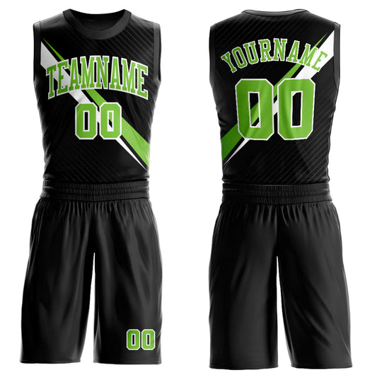 Custom Black Neon Green-White Diagonal Lines Round Neck Sublimation Basketball Uniform Jersey - Main View