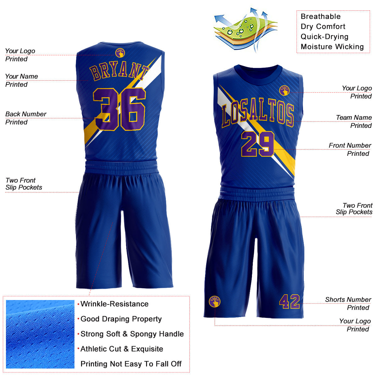 Custom Royal Purple-Yellow Diagonal Lines Round Neck Sublimation Basketball Uniform Jersey view 2