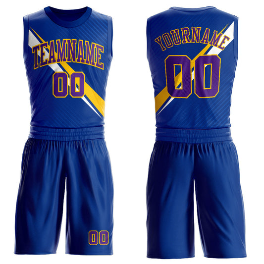 Custom Royal Purple-Yellow Diagonal Lines Round Neck Sublimation Basketball Uniform Jersey - Main View