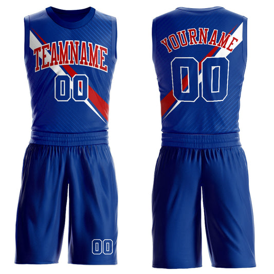Custom Royal White-Red Diagonal Lines Round Neck Sublimation Basketball Uniform Jersey - Main View