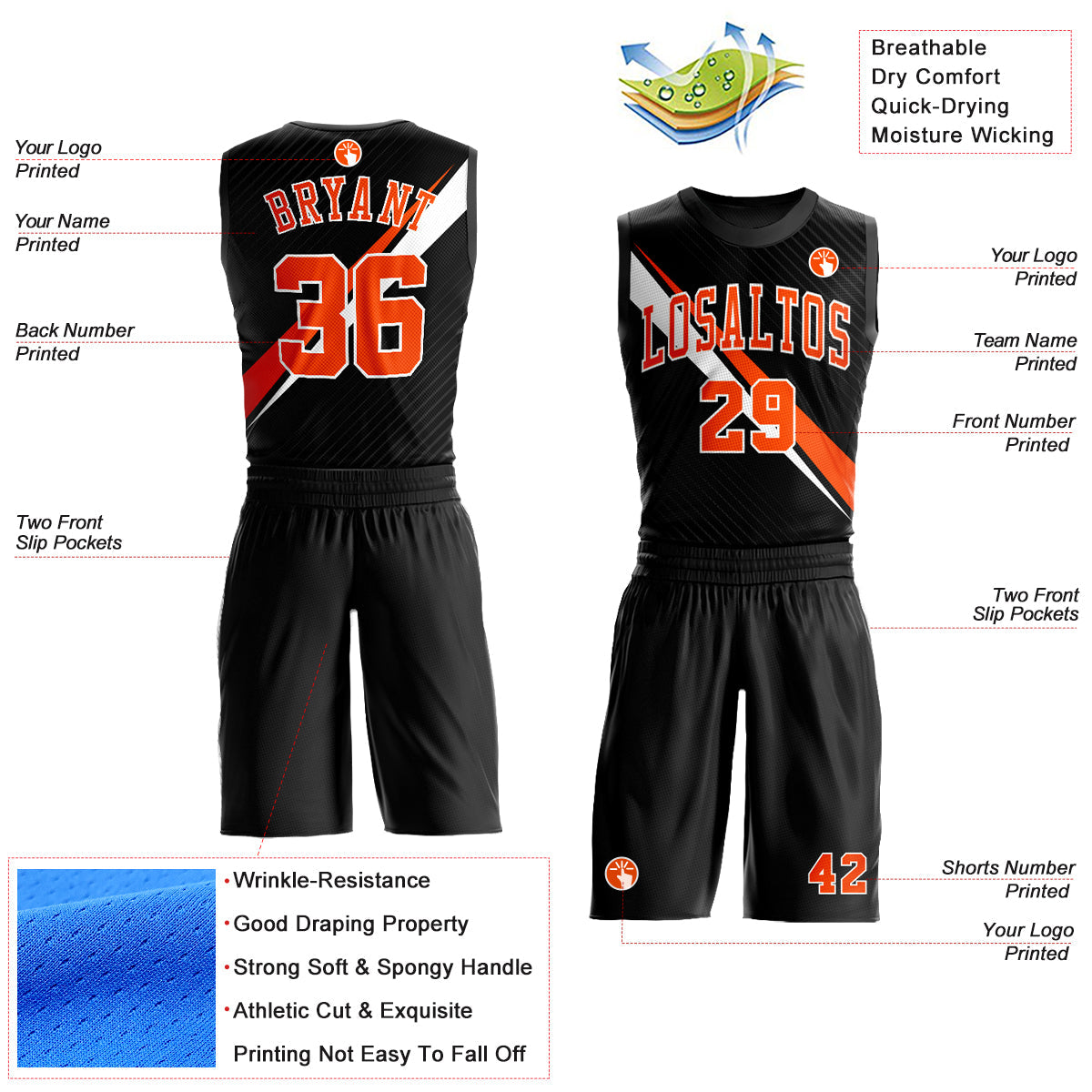 Custom Black Orange-White Diagonal Lines Round Neck Sublimation Basketball Uniform Jersey view 2