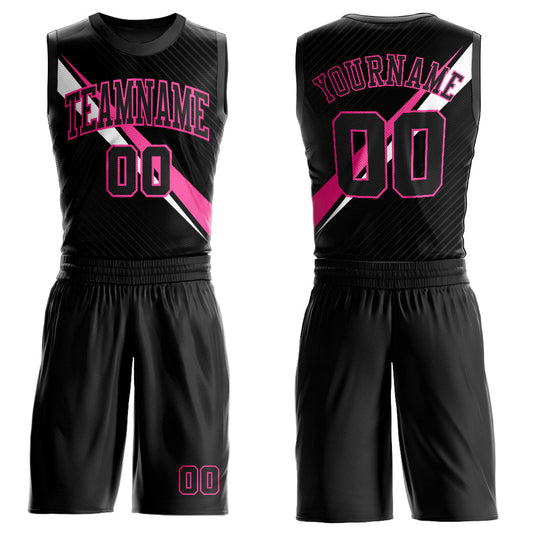 Custom Black Pink-White Diagonal Lines Round Neck Sublimation Basketball Uniform Jersey - Main View