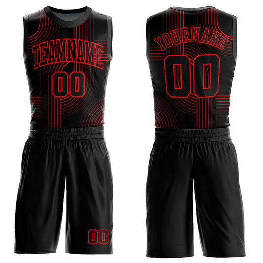 Custom Black Red Tracks Round Neck Sublimation Basketball Uniform Jersey - Main View