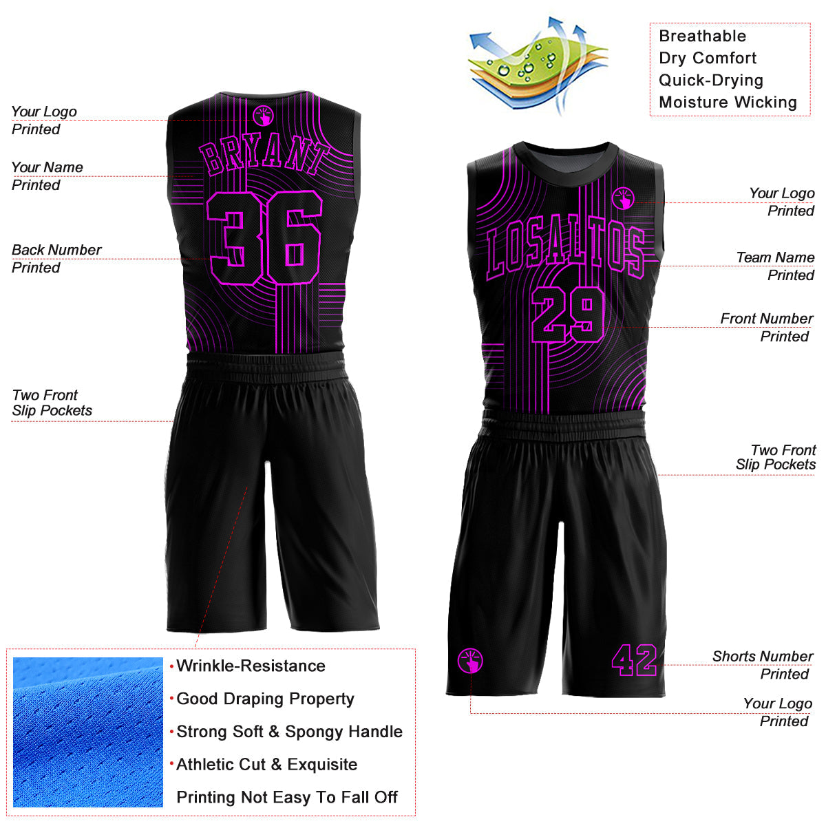 Custom Black Deep Pink Tracks Round Neck Sublimation Basketball Uniform Jersey view 2