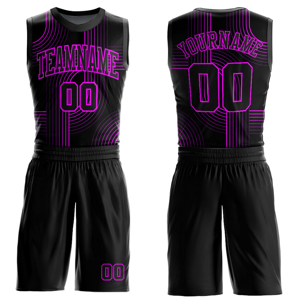 Custom Black Deep Pink Tracks Round Neck Sublimation Basketball Uniform Jersey - Main View
