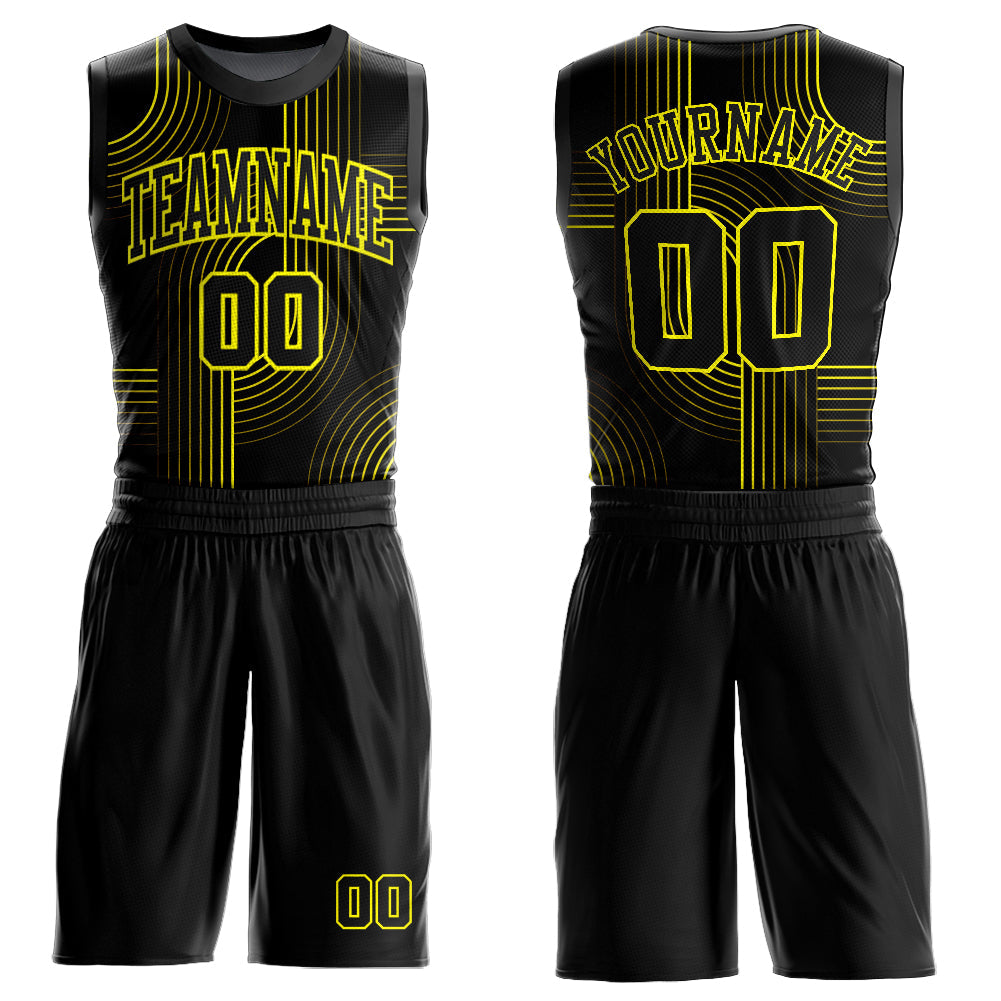 Custom Black Neon Yellow Tracks Round Neck Sublimation Basketball Uniform Jersey - Main View