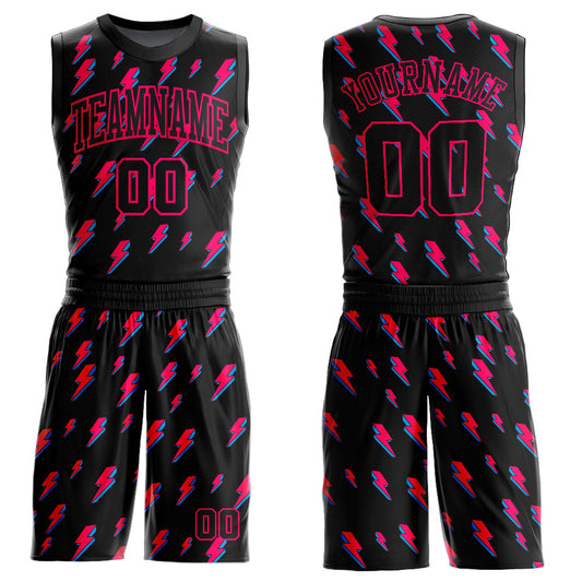 Custom Black Pink Lightning Shapes Round Neck Sublimation Basketball Uniform Jersey - Main View