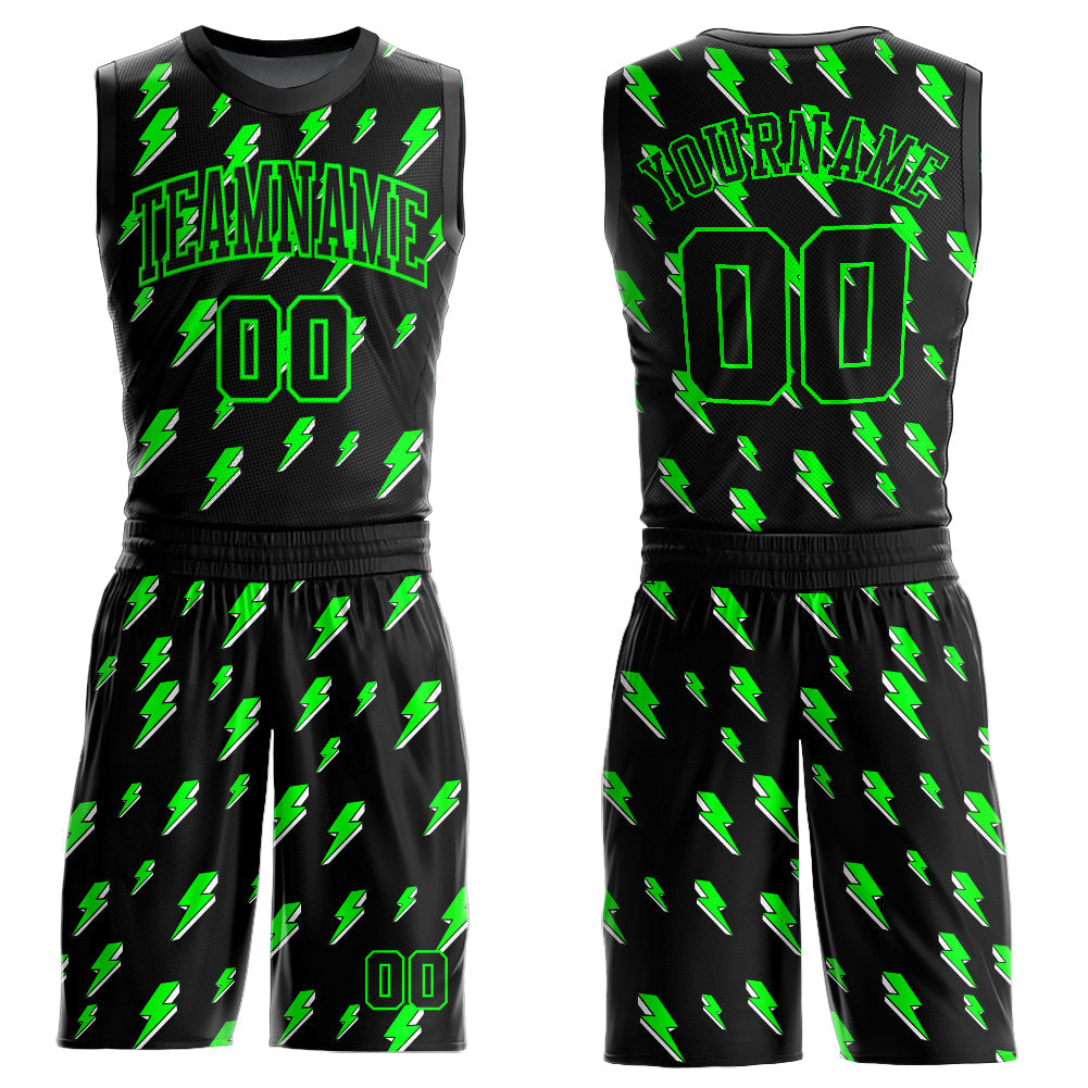 Custom Black Neon Green Lightning Shapes Round Neck Sublimation Basketball Uniform Jersey - Main View