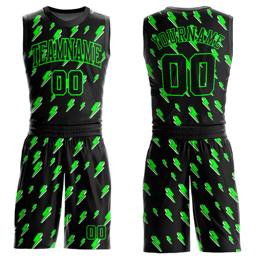 Custom Black Neon Green Lightning Shapes Round Neck Sublimation Basketball Uniform Jersey - Main View
