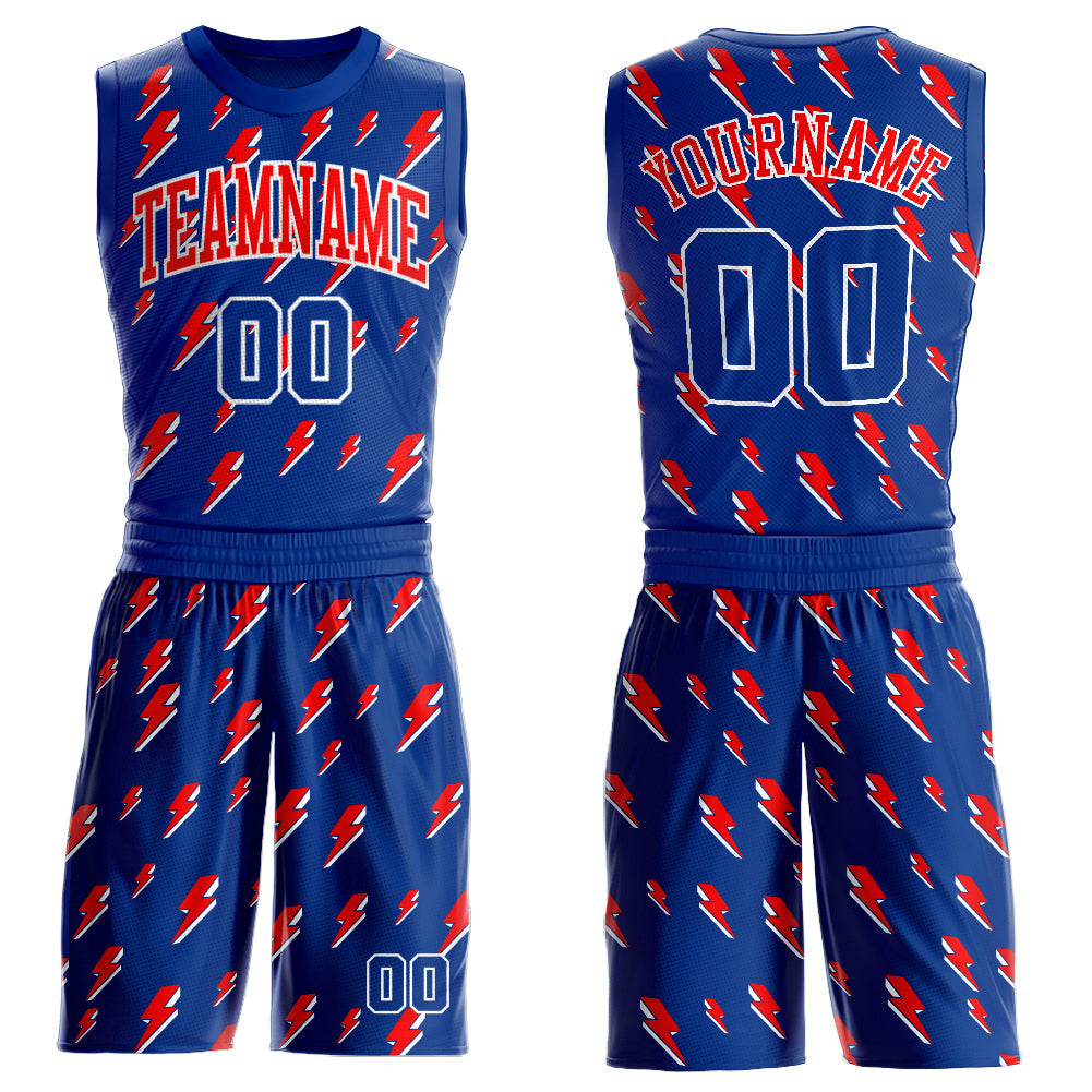 Custom Royal Red-White Lightning Shapes Round Neck Sublimation Basketball Uniform Jersey - Main View