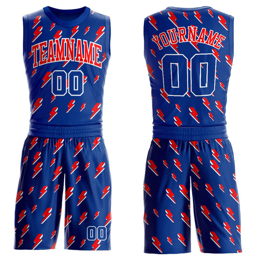 Custom Royal Red-White Lightning Shapes Round Neck Sublimation Basketball Uniform Jersey - Main View