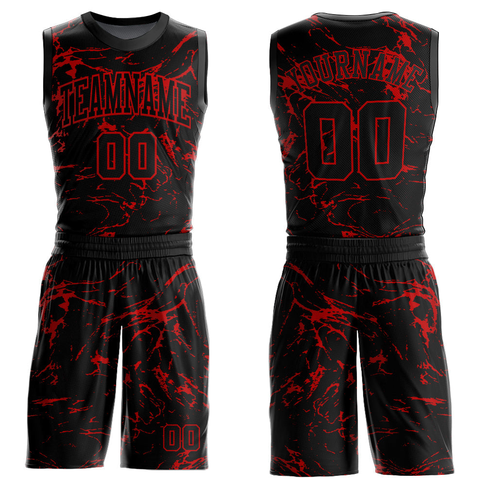 Custom Black Red Abstract Grunge Art Round Neck Sublimation Basketball Uniform Jersey - Main View