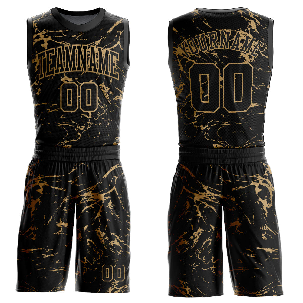 Custom Black Old Gold Abstract Grunge Art Round Neck Sublimation Basketball Uniform Jersey - Main View