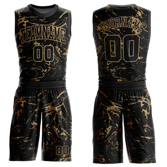 Custom Black Old Gold Abstract Grunge Art Round Neck Sublimation Basketball Uniform Jersey - Main View