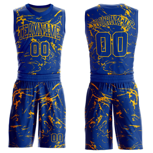 Custom Royal Gold Abstract Grunge Art Round Neck Sublimation Basketball Uniform Jersey - Main View